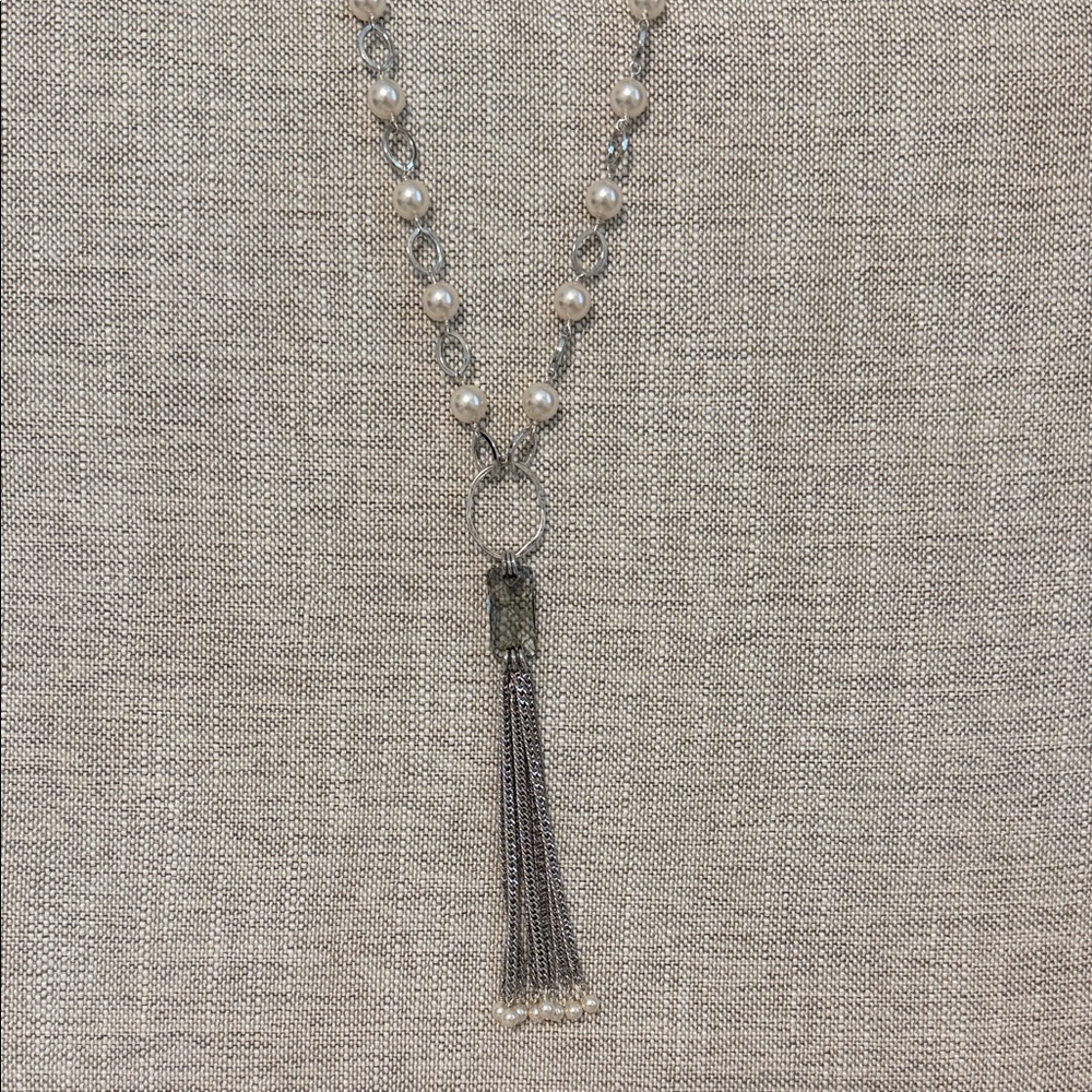 Pearl Bead Silver Tassel Necklace